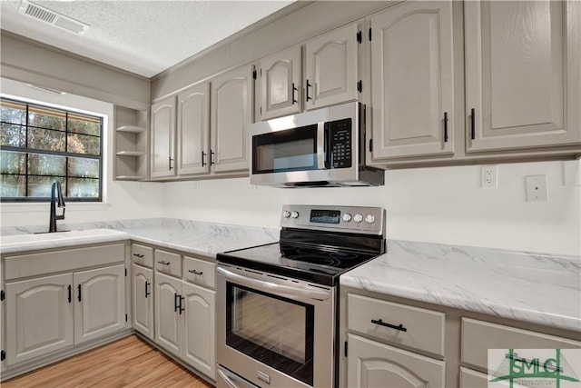 kitchen with a textured ceiling, a sink, appliances with stainless steel finishes, visible vents, and light wood finished floors