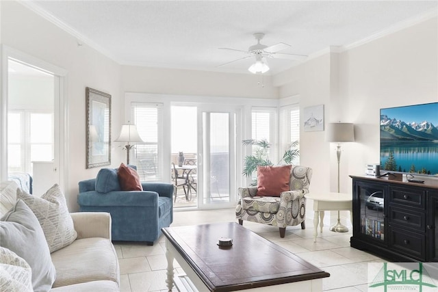 1609 Strand Ave Unit 206, Tybee Island, GA 31328 - living area featuring light tile patterned floors, crown molding, and a ceiling fan
