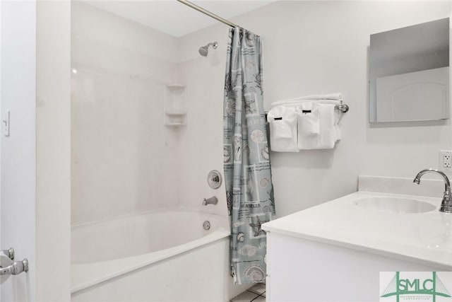 1609 Strand Ave Unit 206, Tybee Island, GA 31328 - bathroom with shower / tub combo with curtain, tile patterned flooring, and vanity