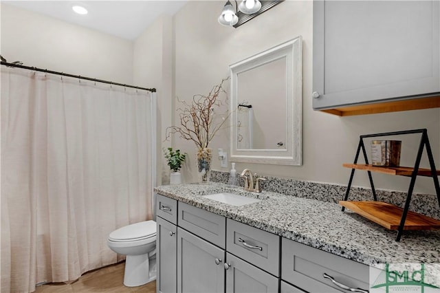 107 Mingledorff Way, Springfield, GA 31329 - bathroom featuring toilet, wood finished floors, vanity, and a shower with shower curtain