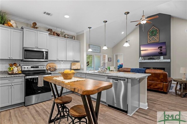 107 Mingledorff Way, Springfield, GA 31329 - kitchen with stainless steel appliances, light wood finished floors, a sink, visible vents, and a peninsula