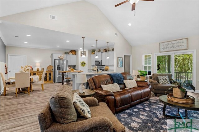 107 Mingledorff Way, Springfield, GA 31329 - living area featuring visible vents, high vaulted ceiling, a ceiling fan, and recessed lighting