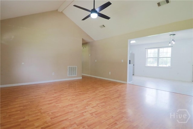 309 Wilkinson Rd NE, Ludowici, GA 31316 - empty room with ceiling fan, light wood-style floors, beamed ceiling, high vaulted ceiling, and baseboards