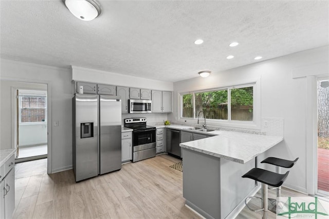 kitchen with appliances with stainless steel finishes, a sink, a peninsula, and gray cabinets