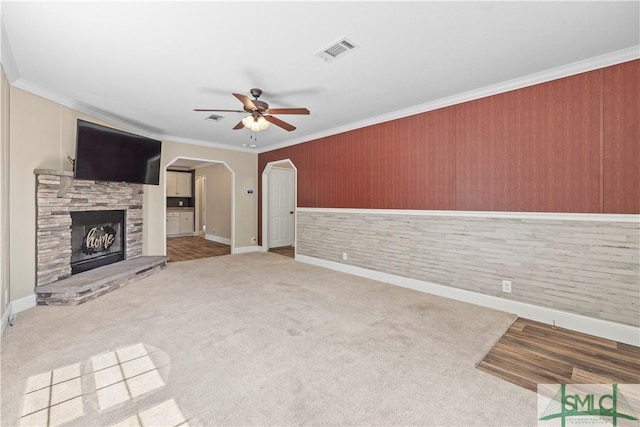 1173 Ga Highway 21 N, Springfield, GA 31329 - unfurnished living room featuring baseboards, ornamental molding, a ceiling fan, and carpet