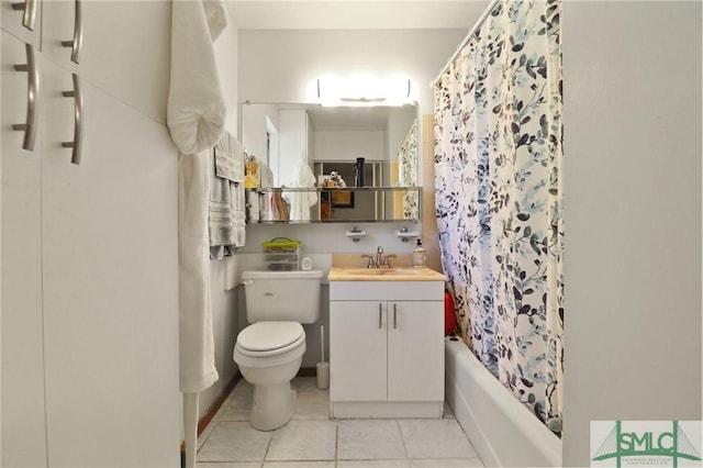 bathroom with toilet, shower / bathtub combination with curtain, tile patterned flooring, and vanity