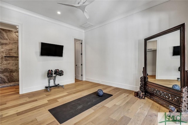 31 Tivoli Ln, Richmond Hill, GA 31324 - workout area featuring wood finished floors, ceiling fan, ornamental molding, and baseboards