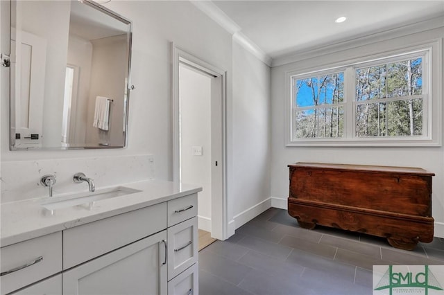 31 Tivoli Ln, Richmond Hill, GA 31324 - bathroom with recessed lighting, tile patterned flooring, vanity, baseboards, and crown molding