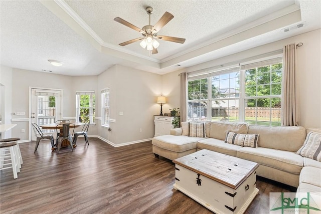 125 Blue Lake St, Richmond Hill, GA 31324 - living room featuring crown molding, a textured ceiling, a raised ceiling, and dark wood finished floors