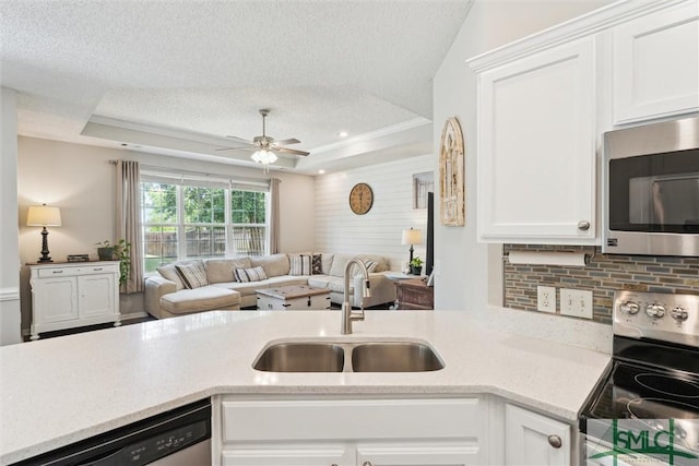 kitchen featuring open floor plan, stainless steel appliances, a ceiling fan, and a sink