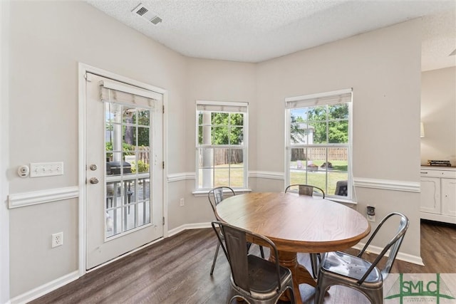 125 Blue Lake St, Richmond Hill, GA 31324 - dining area featuring a textured ceiling, visible vents, baseboards, and dark wood-style floors