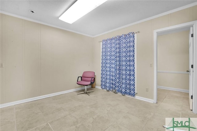 unfurnished room with crown molding, light tile patterned floors, and baseboards