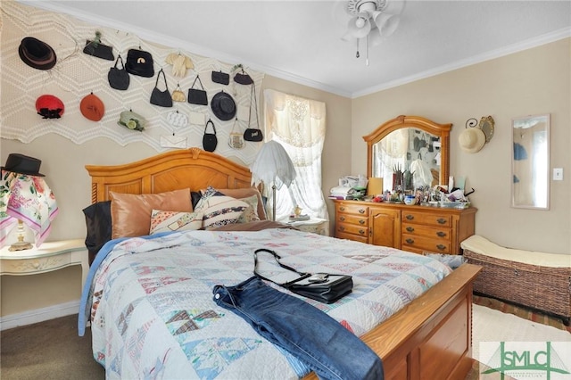 bedroom featuring carpet, ornamental molding, and multiple windows