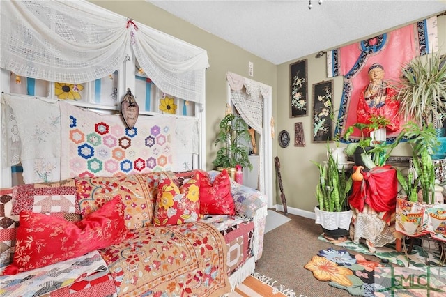 carpeted living area with baseboards