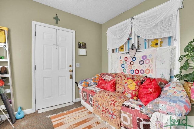 carpeted living room featuring baseboards