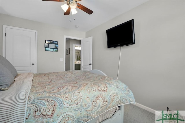 bedroom with baseboards, a ceiling fan, and carpet