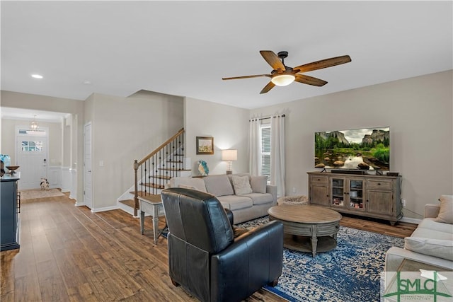 21 Shoefstall St, Savannah, GA 31407 - living area featuring stairs, a ceiling fan, baseboards, recessed lighting, and wood finished floors