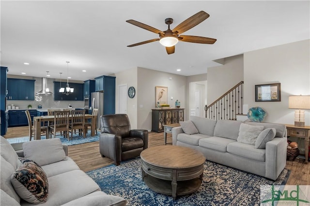 21 Shoefstall St, Savannah, GA 31407 - living area with recessed lighting, a ceiling fan, wood finished floors, and stairway