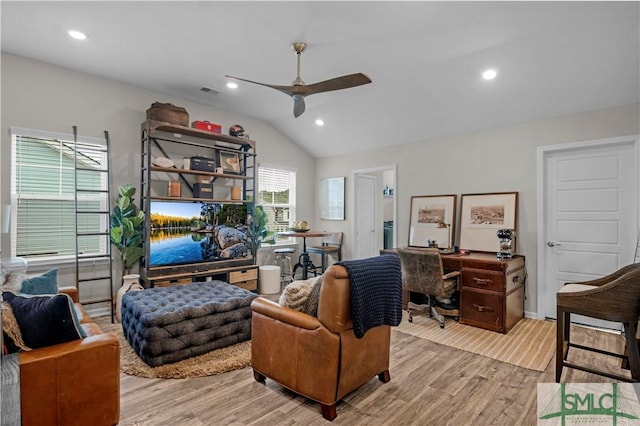 21 Shoefstall St, Savannah, GA 31407 - office area featuring light wood-type flooring, a ceiling fan, vaulted ceiling, and recessed lighting