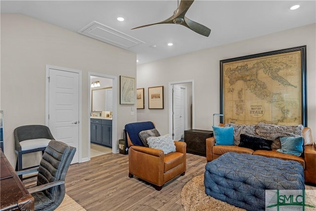 21 Shoefstall St, Savannah, GA 31407 - living area featuring light wood-type flooring, attic access, a ceiling fan, and recessed lighting