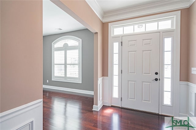 23 Olde Gate Ct, Pooler, GA 31322 - entrance foyer with crown molding, a wainscoted wall, and dark wood-type flooring