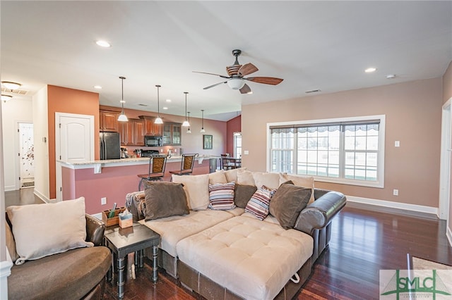23 Olde Gate Ct, Pooler, GA 31322 - living area featuring ceiling fan, dark wood finished floors, baseboards, and recessed lighting