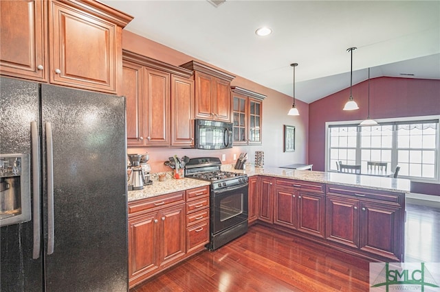23 Olde Gate Ct, Pooler, GA 31322 - kitchen with black appliances, dark wood-type flooring, a peninsula, vaulted ceiling, and light stone countertops