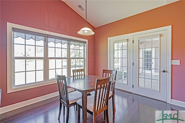 23 Olde Gate Ct, Pooler, GA 31322 - dining area featuring visible vents, baseboards, dark wood-style flooring, and lofted ceiling