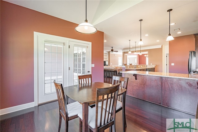 23 Olde Gate Ct, Pooler, GA 31322 - dining area with crown molding, ceiling fan, recessed lighting, baseboards, and dark wood-type flooring