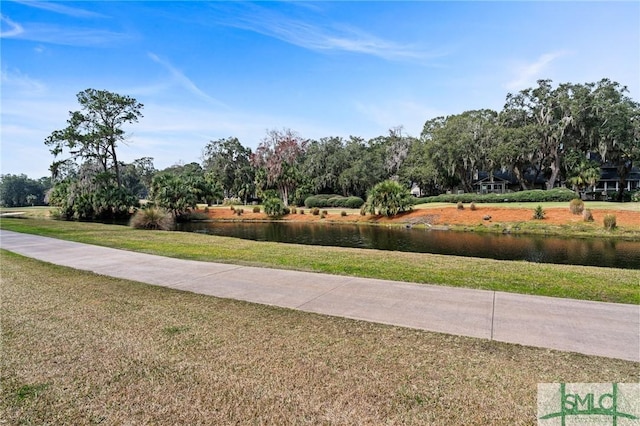 view of property's community with a yard and a water view