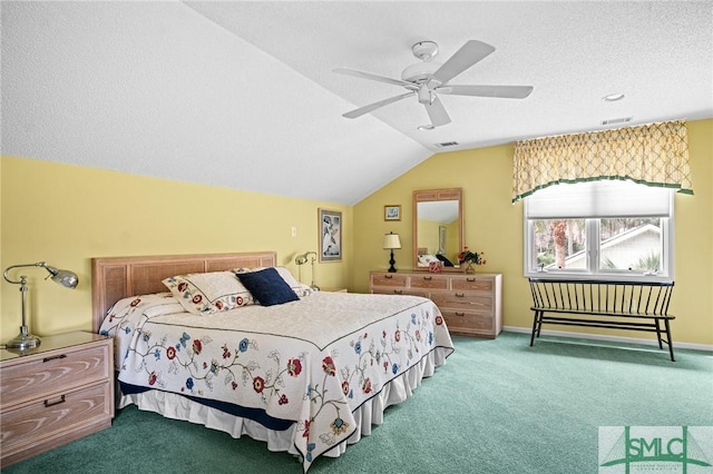 carpeted bedroom featuring visible vents, a textured ceiling, ceiling fan, and lofted ceiling