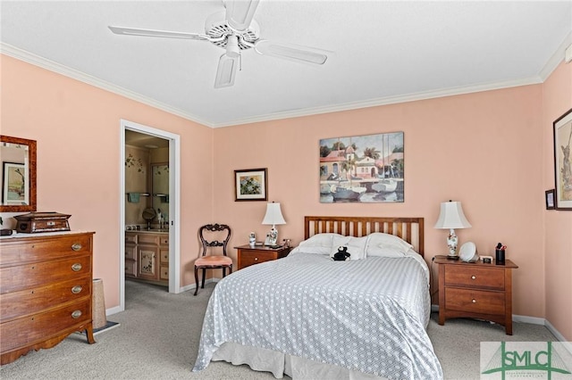 bedroom with baseboards, ornamental molding, and carpet