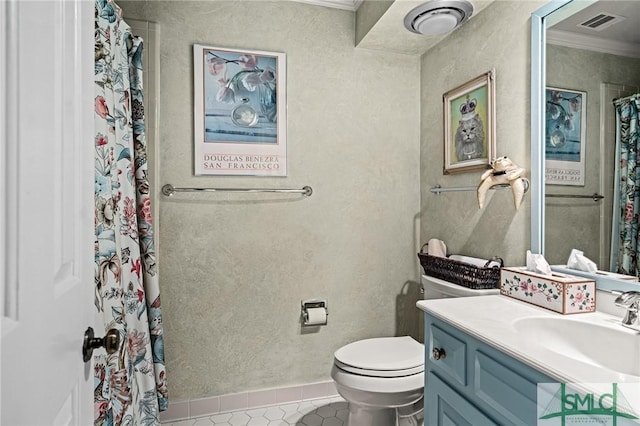 full bath featuring crown molding, tile patterned flooring, vanity, toilet, and visible vents