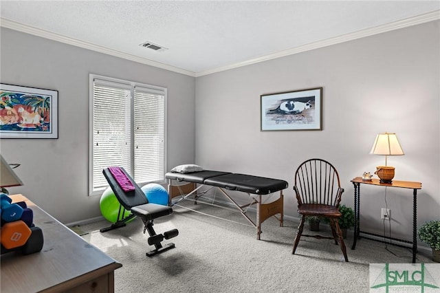 interior space featuring crown molding, carpet floors, baseboards, and visible vents