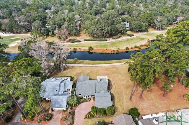 bird's eye view with a water view and view of golf course