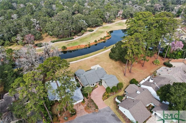 bird's eye view with a residential view, view of golf course, and a water view
