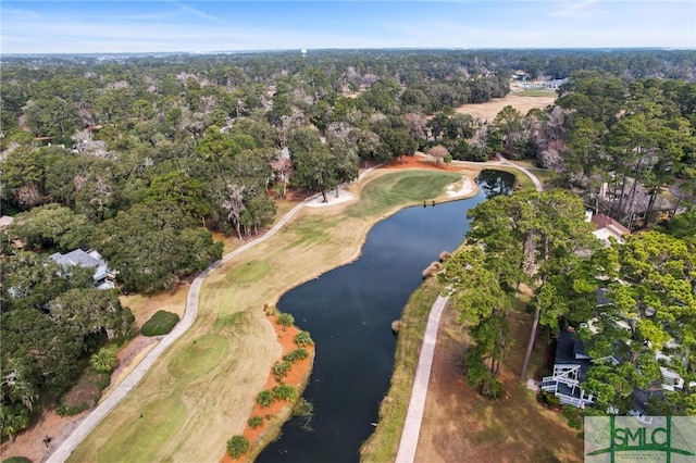 aerial view with a water view and view of golf course
