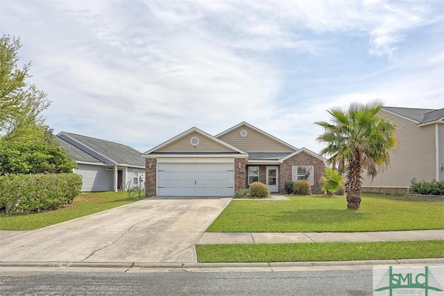 view of front of home featuring brick siding, an attached garage, driveway, and a front yard