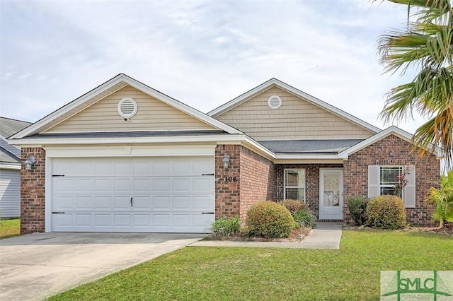 ranch-style house with a garage, concrete driveway, a front lawn, and brick siding