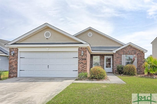 view of front of house with a garage, concrete driveway, a front lawn, and brick siding