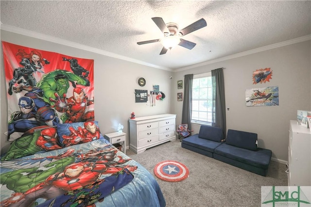 carpeted bedroom with crown molding, a textured ceiling, ceiling fan, and baseboards