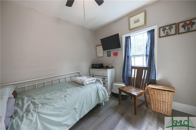 bedroom featuring a ceiling fan and wood finished floors