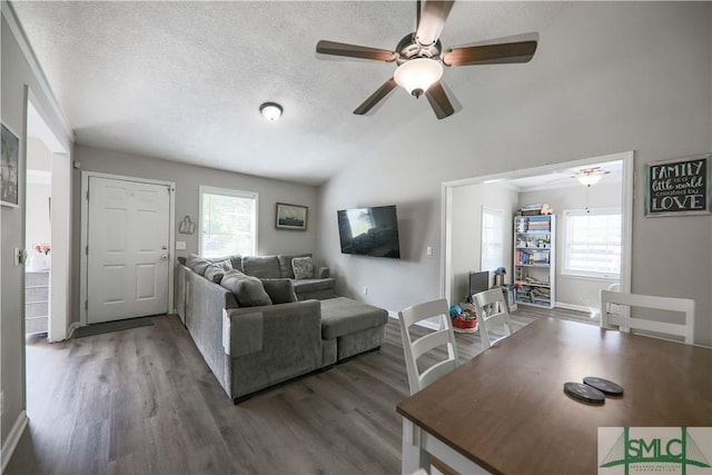 living area featuring plenty of natural light, ceiling fan, lofted ceiling, and wood finished floors