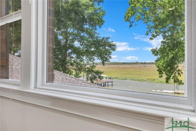 interior details featuring a water view