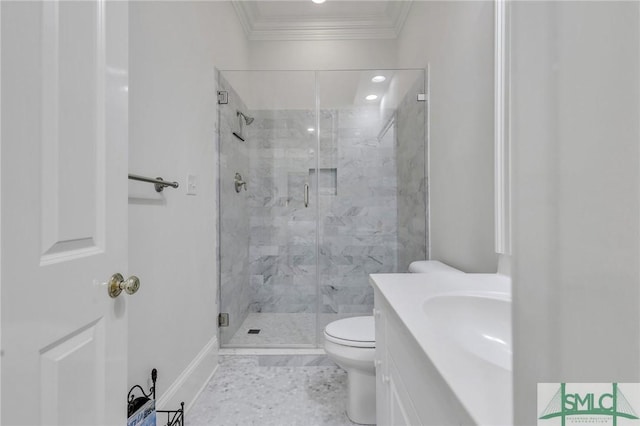 bathroom with crown molding, a stall shower, toilet, and vanity