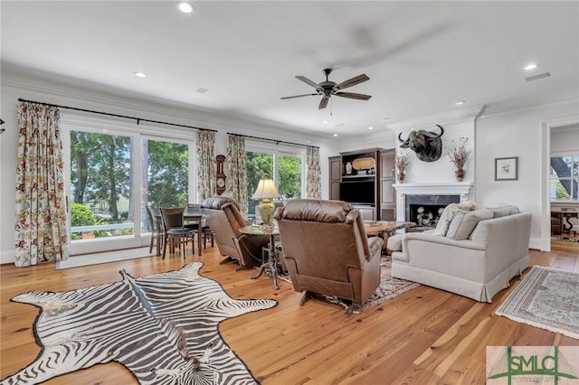 living area featuring ornamental molding, ceiling fan, a wealth of natural light, and a fireplace