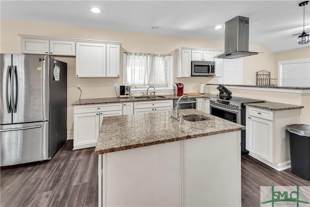 2115 Gable St, Savannah, GA 31404 - kitchen featuring a sink, dark wood-style floors, island range hood, and stainless steel appliances