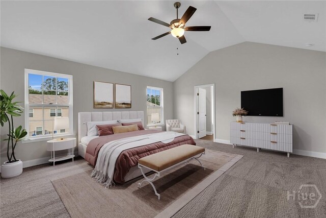 161 Guana Ln, Bloomingdale, GA 31302 - carpeted bedroom featuring multiple windows, vaulted ceiling, baseboards, and ceiling fan