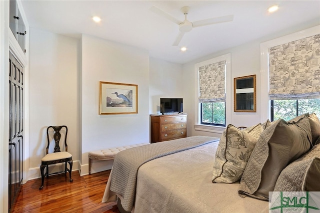 bedroom with recessed lighting, baseboards, ceiling fan, and wood finished floors