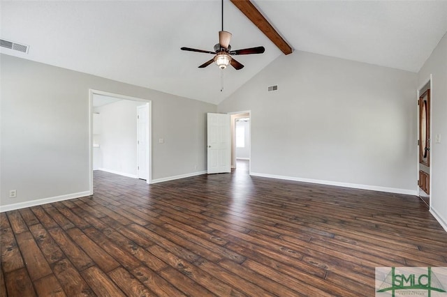 empty room with ceiling fan, visible vents, dark wood-style floors, and beam ceiling